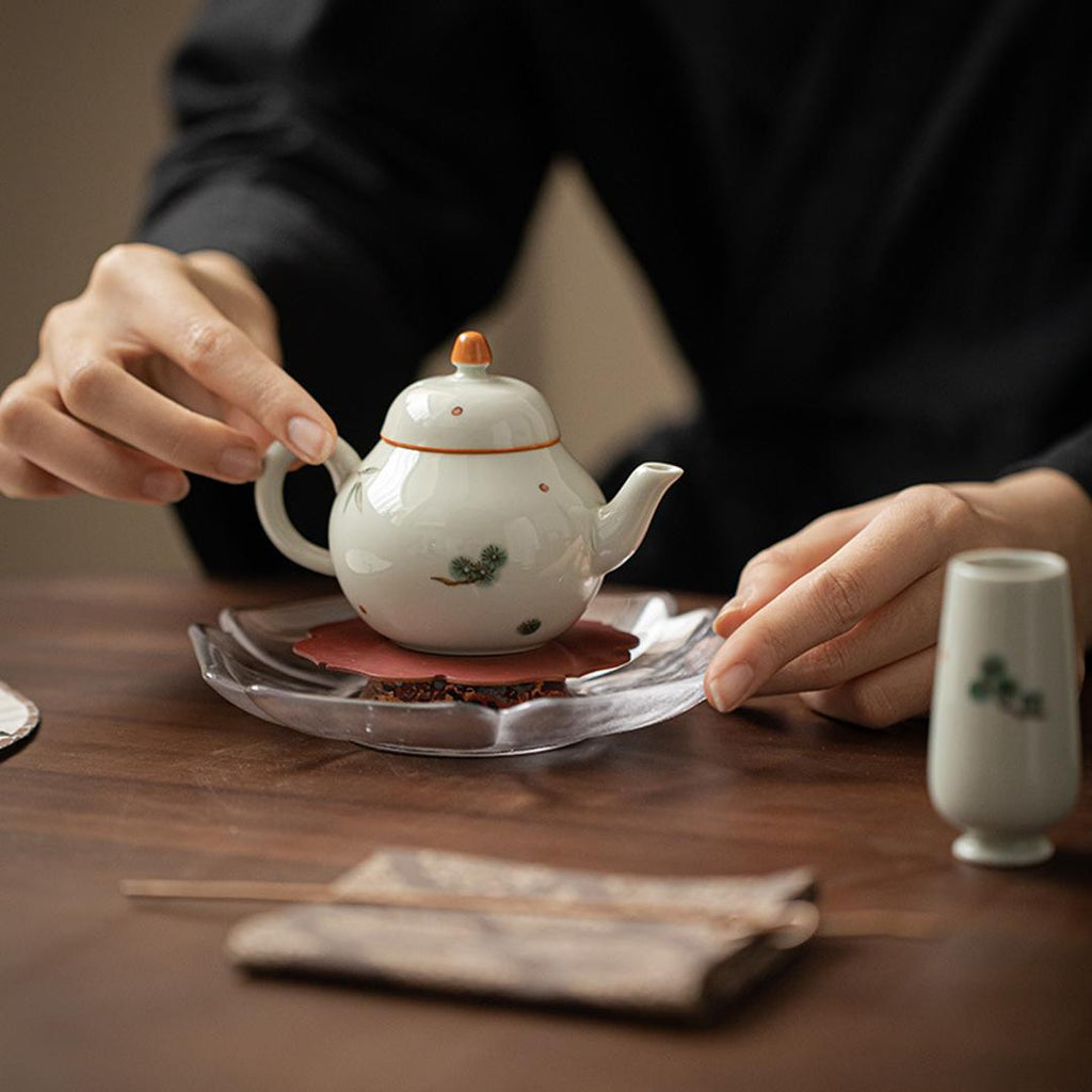 Hand-painted Chinese Style Iron-red Ceramic Red carp and lotus 130ml Chinese Teapot
