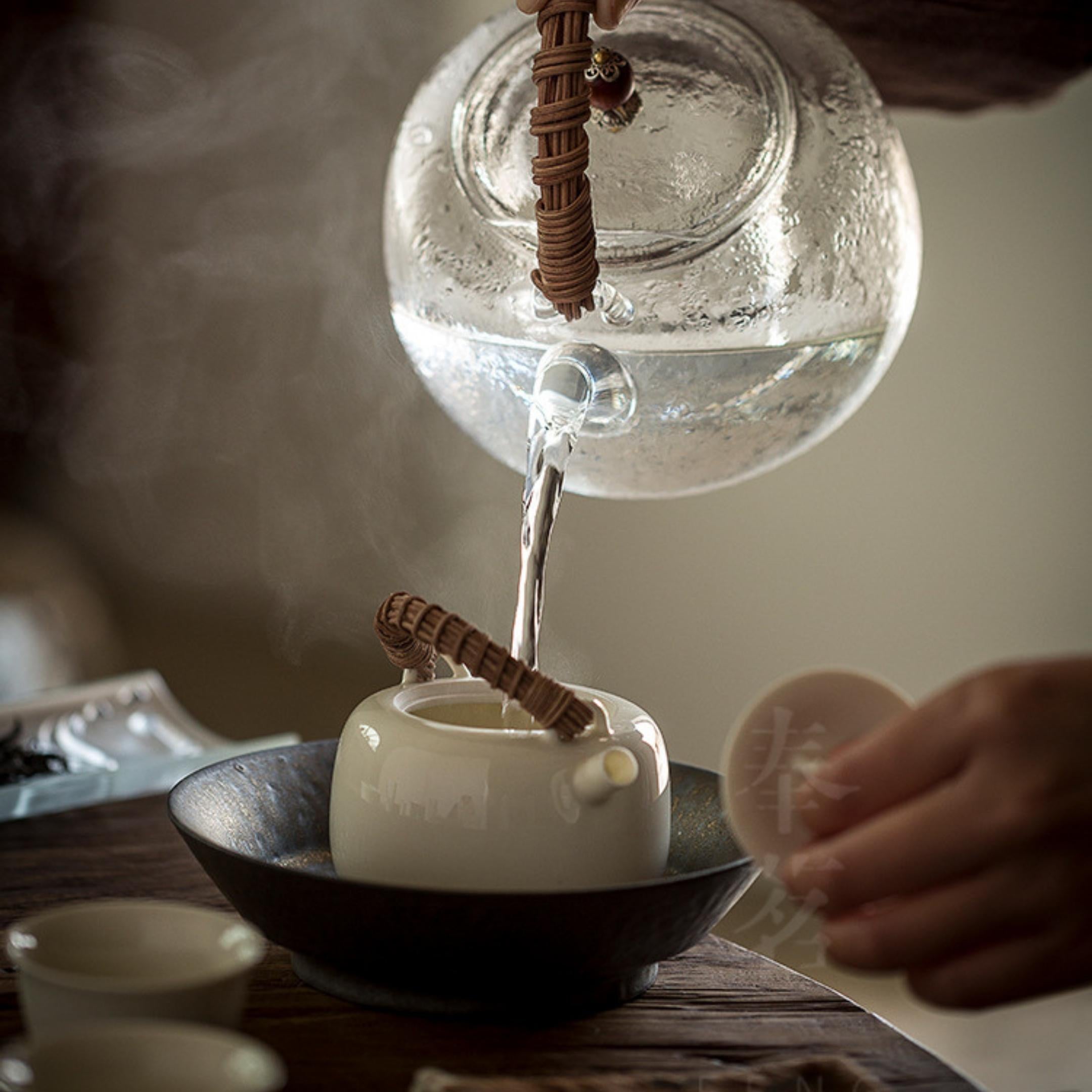 Rattan Handle Milky White Ceramic Kung Fu Teapot