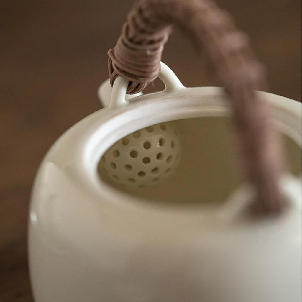 Rattan Handle Milky White Ceramic Kung Fu Teapot